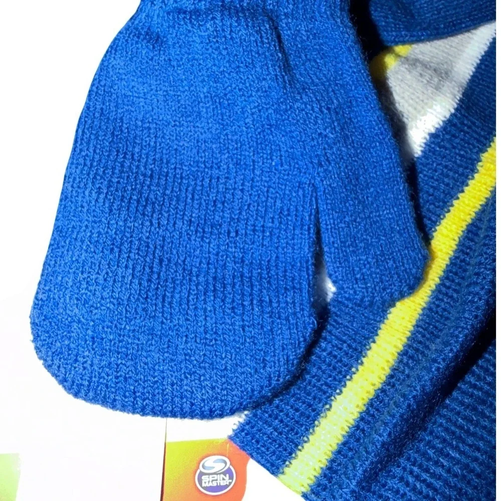 NWT Kids Paw Patrol 2 Piece Winter Hat and Mitten Set Blue Yellow Stripe 2-3 yr